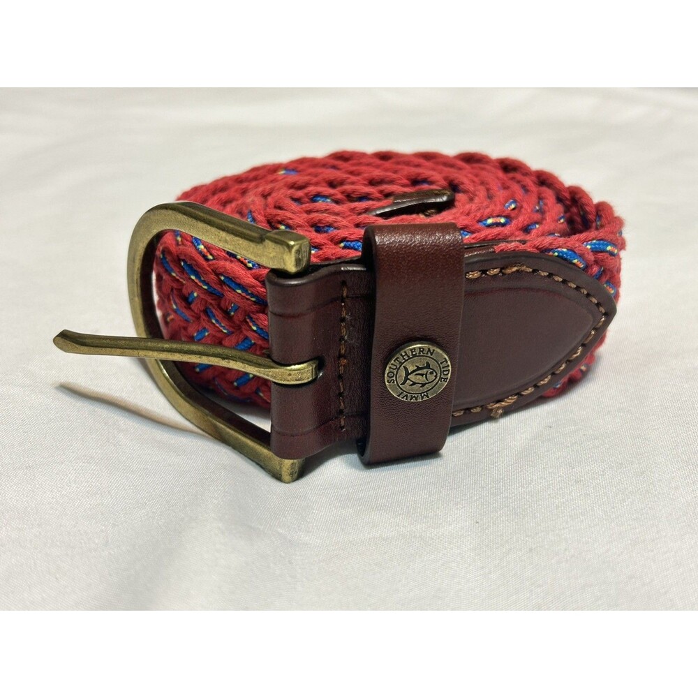 Southern Tide Braided Washed Men's Belt Charleston Red Leather Ends Sz 34